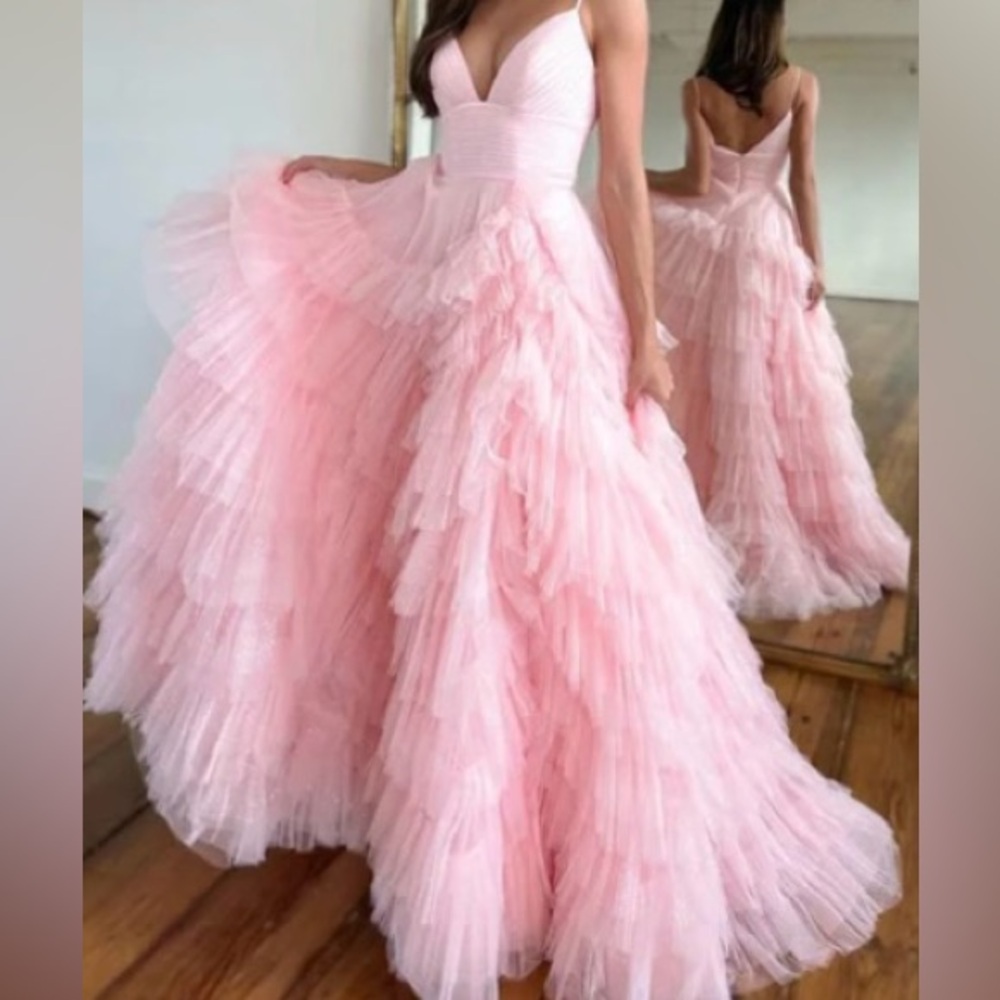 LLELLA A-Lined Tiered Tulle Prom Gown with Spagetti Straps